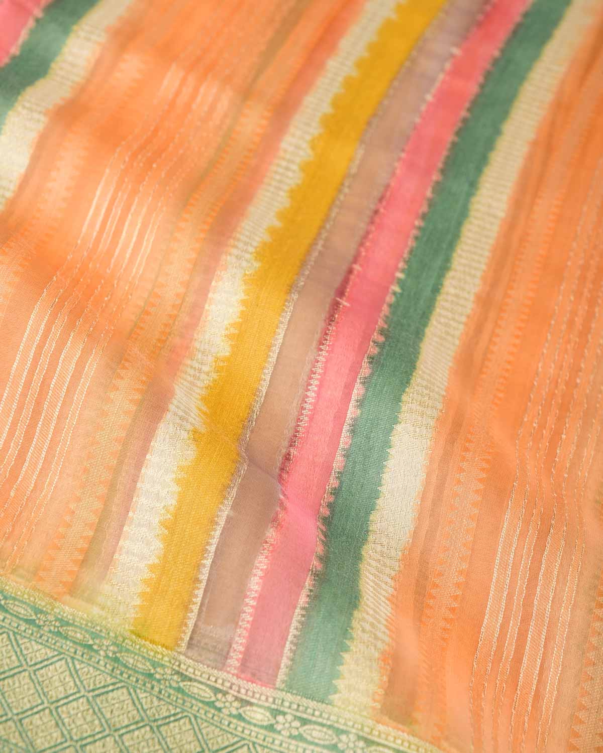Multi-color Silver Zari Hand Brush Dye Cutwork Brocade Woven Kora Silk Banarasi Saree-HolyWeaves
