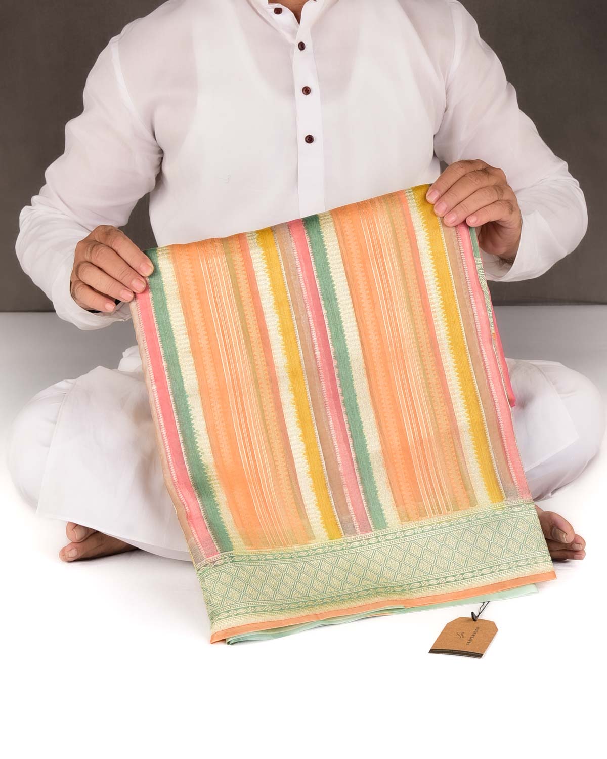 Multi-color Silver Zari Hand Brush Dye Cutwork Brocade Woven Kora Silk Banarasi Saree-HolyWeaves