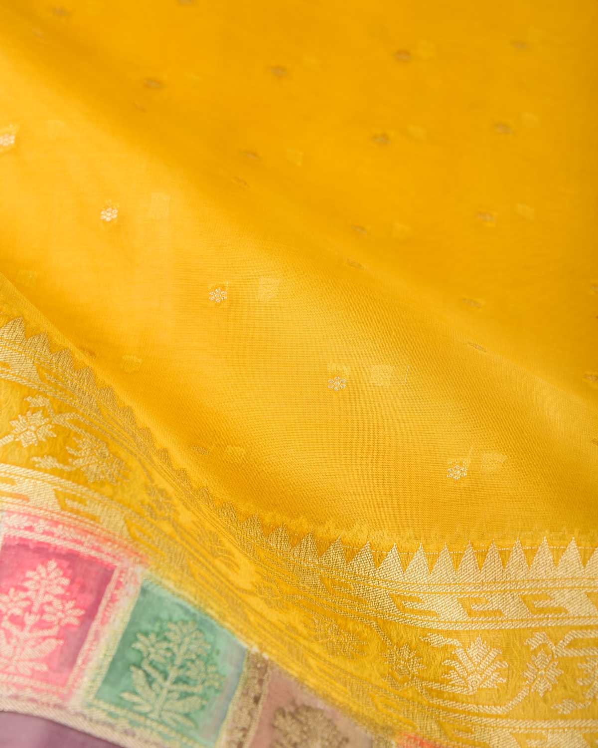 Yellow Gold Zari Buti Hand Brush Dye Cutwork Brocade Woven Kora Silk Banarasi Saree-HolyWeaves