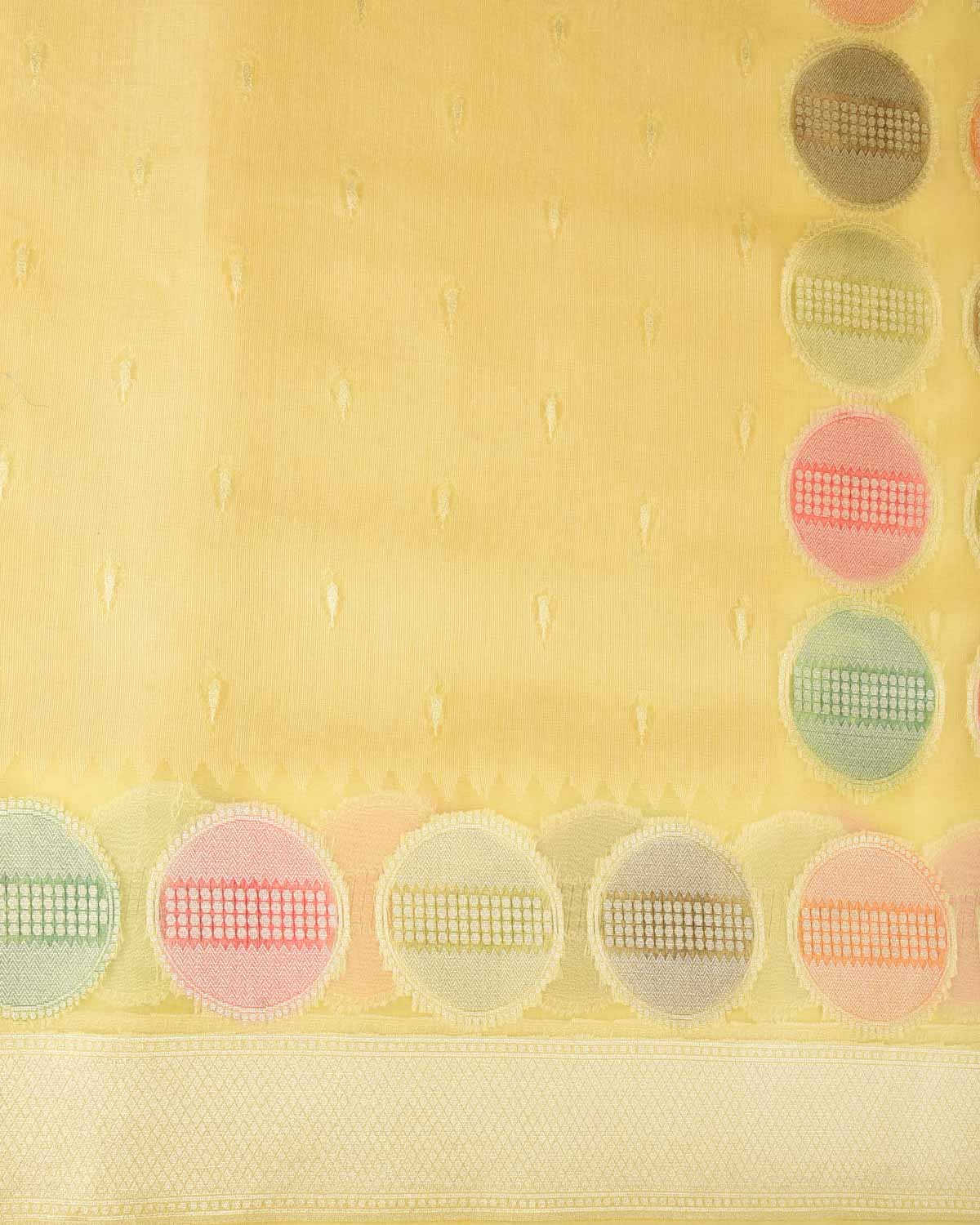 Yellow Gold Zari Buti Hand Brush Dye Spheres Cutwork Brocade Woven Kora Silk Banarasi Saree-HolyWeaves