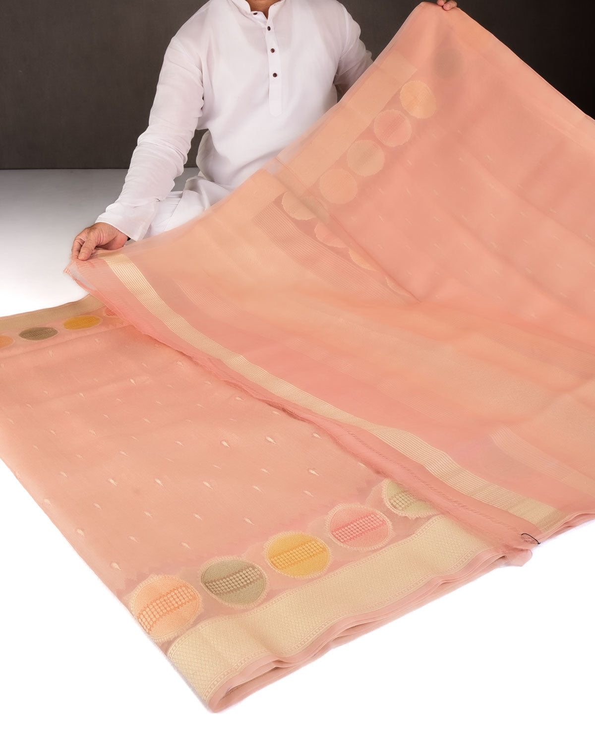 Rosy Brown Gold Zari Buti Hand Brush Dye Spheres Cutwork Brocade Woven Kora Silk Banarasi Saree-HolyWeaves