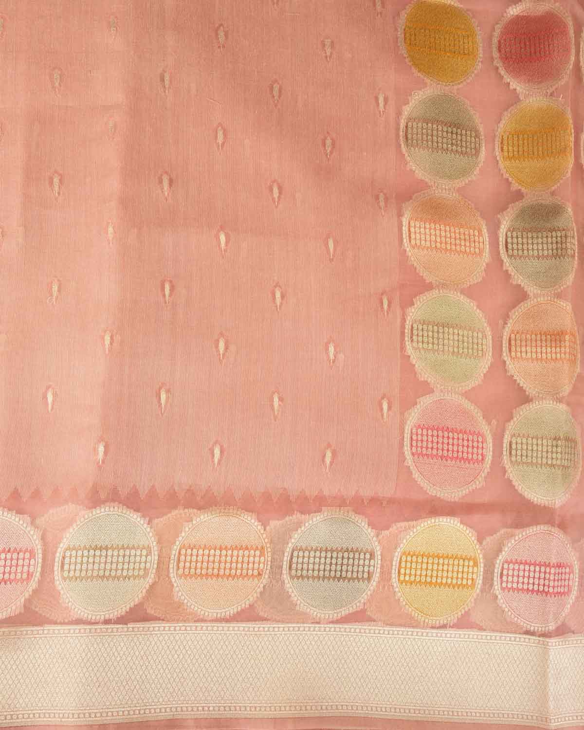 Rosy Brown Gold Zari Buti Hand Brush Dye Spheres Cutwork Brocade Woven Kora Silk Banarasi Saree-HolyWeaves