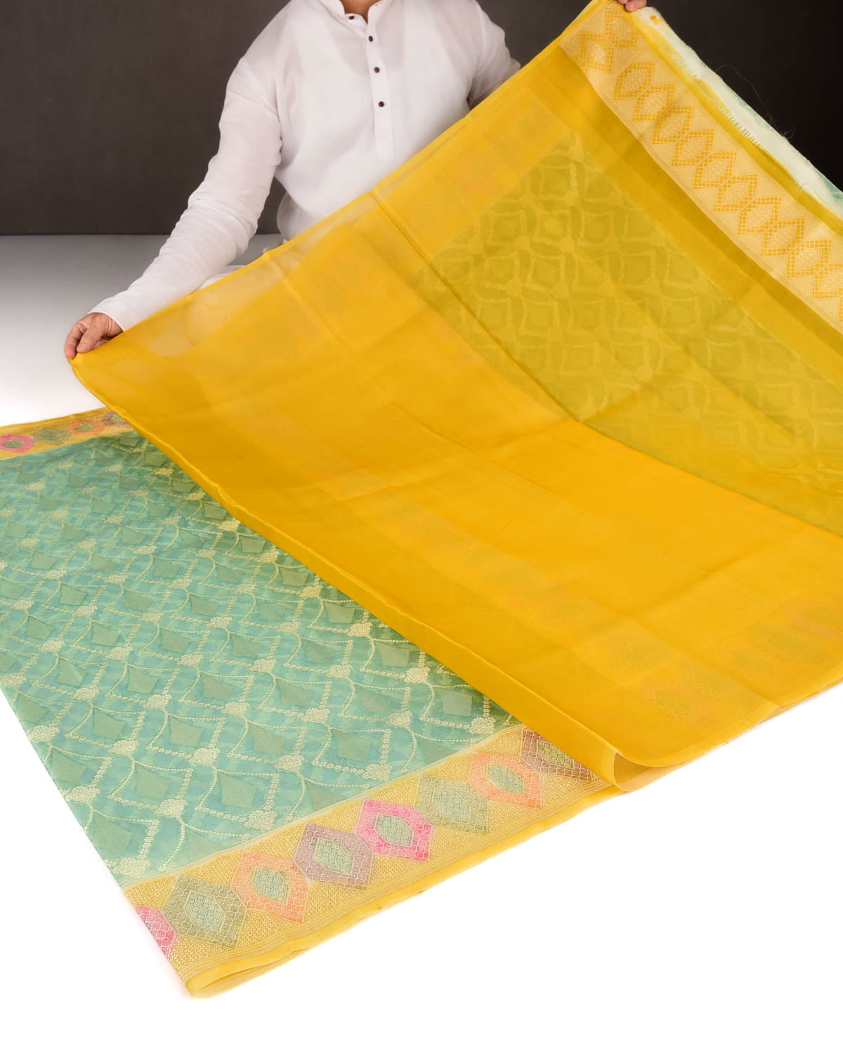 Blue Gold Zari Jaal Hand Brush Dye Border Cutwork Brocade Woven Kora Silk Banarasi Saree-HolyWeaves