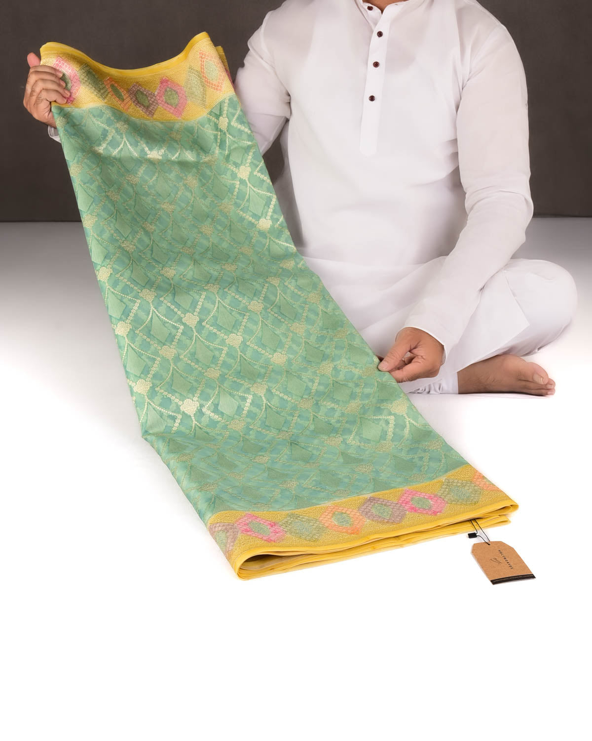 Blue Gold Zari Jaal Hand Brush Dye Border Cutwork Brocade Woven Kora Silk Banarasi Saree-HolyWeaves
