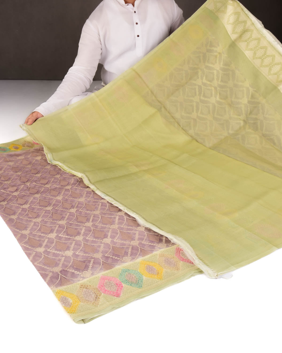Mauve Gold Zari Jaal Hand Brush Dye Border Cutwork Brocade Woven Kora Silk Banarasi Saree