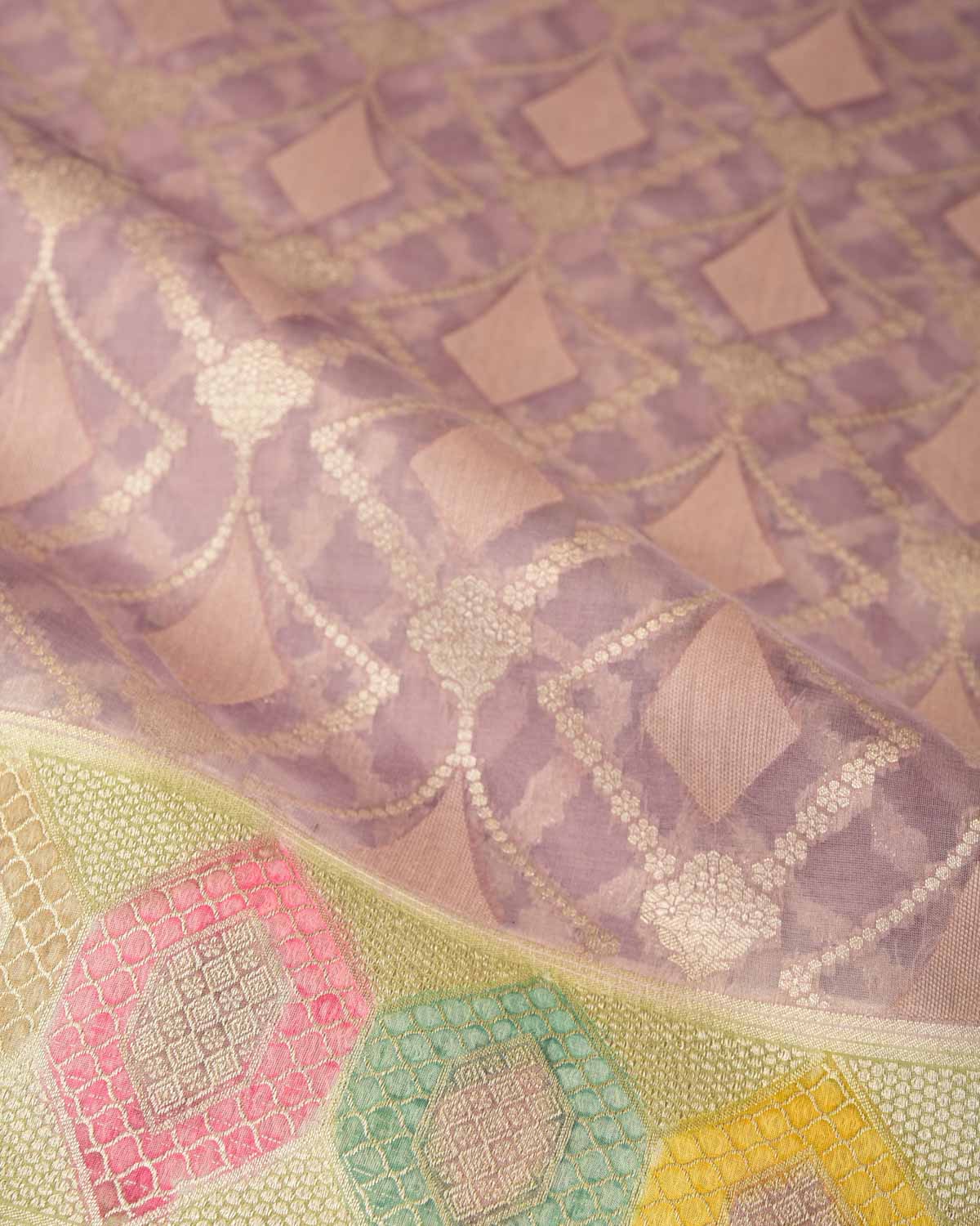 Mauve Gold Zari Jaal Hand Brush Dye Border Cutwork Brocade Woven Kora Silk Banarasi Saree