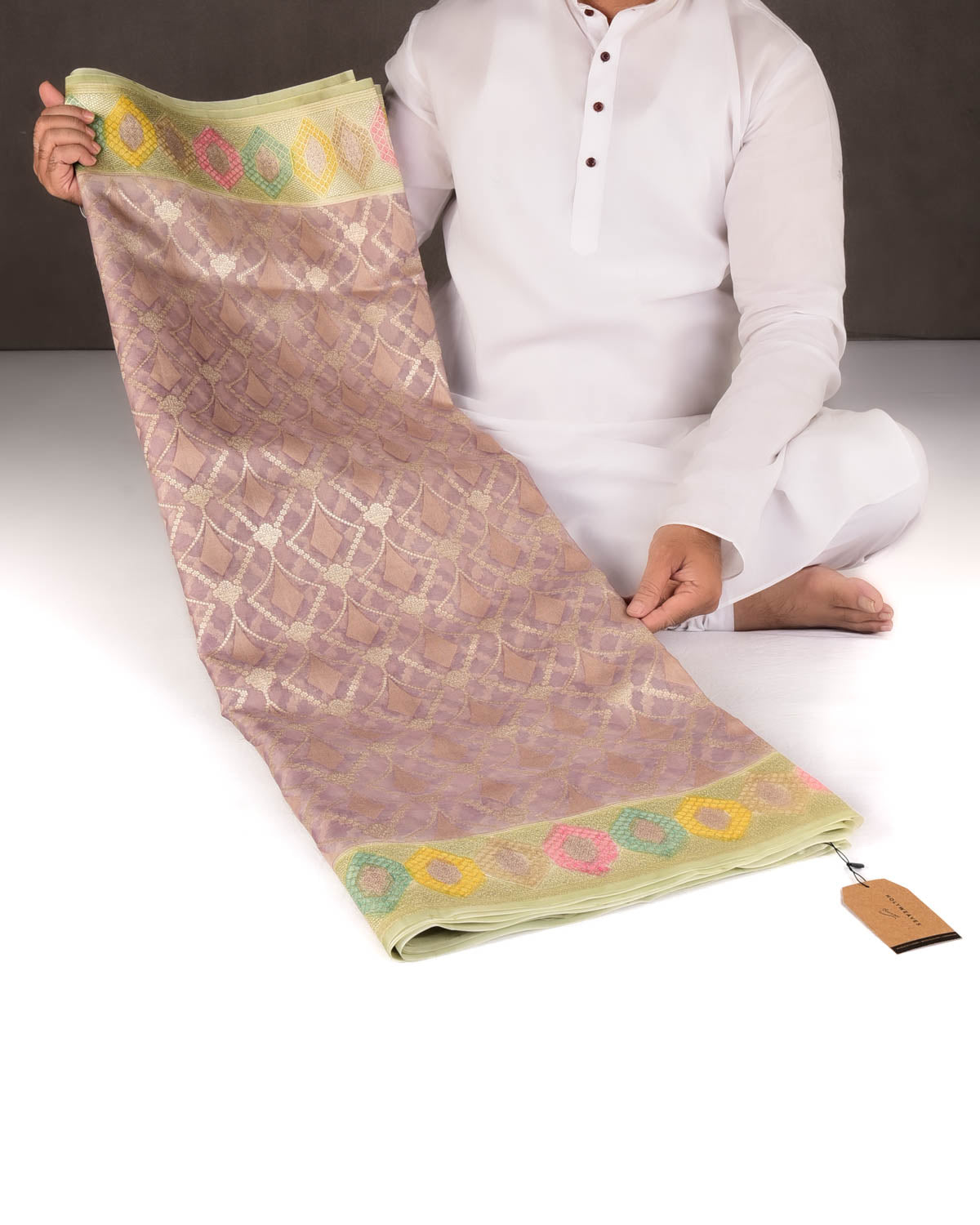 Mauve Gold Zari Jaal Hand Brush Dye Border Cutwork Brocade Woven Kora Silk Banarasi Saree