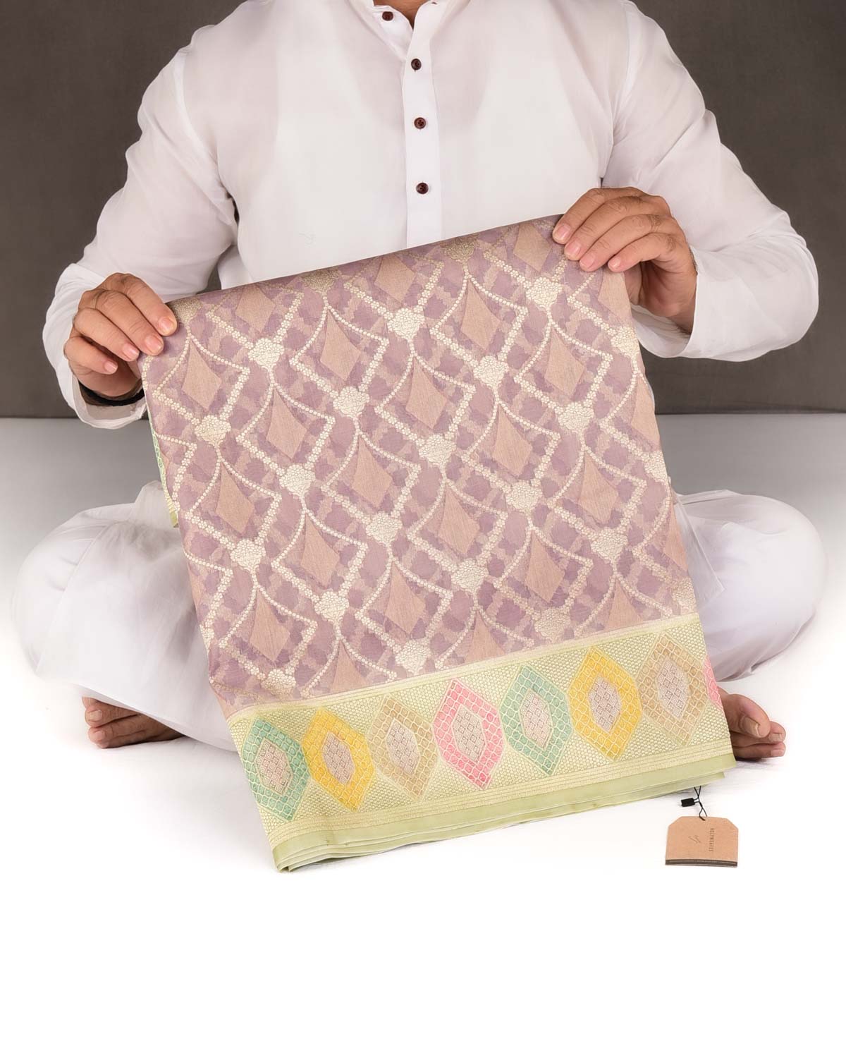 Mauve Gold Zari Jaal Hand Brush Dye Border Cutwork Brocade Woven Kora Silk Banarasi Saree