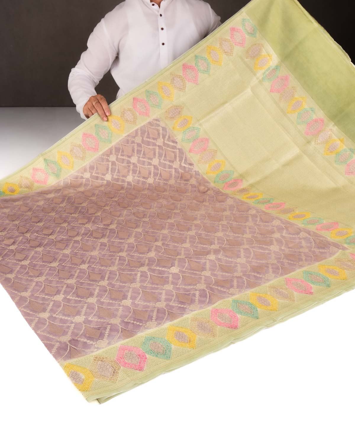 Mauve Gold Zari Jaal Hand Brush Dye Border Cutwork Brocade Woven Kora Silk Banarasi Saree