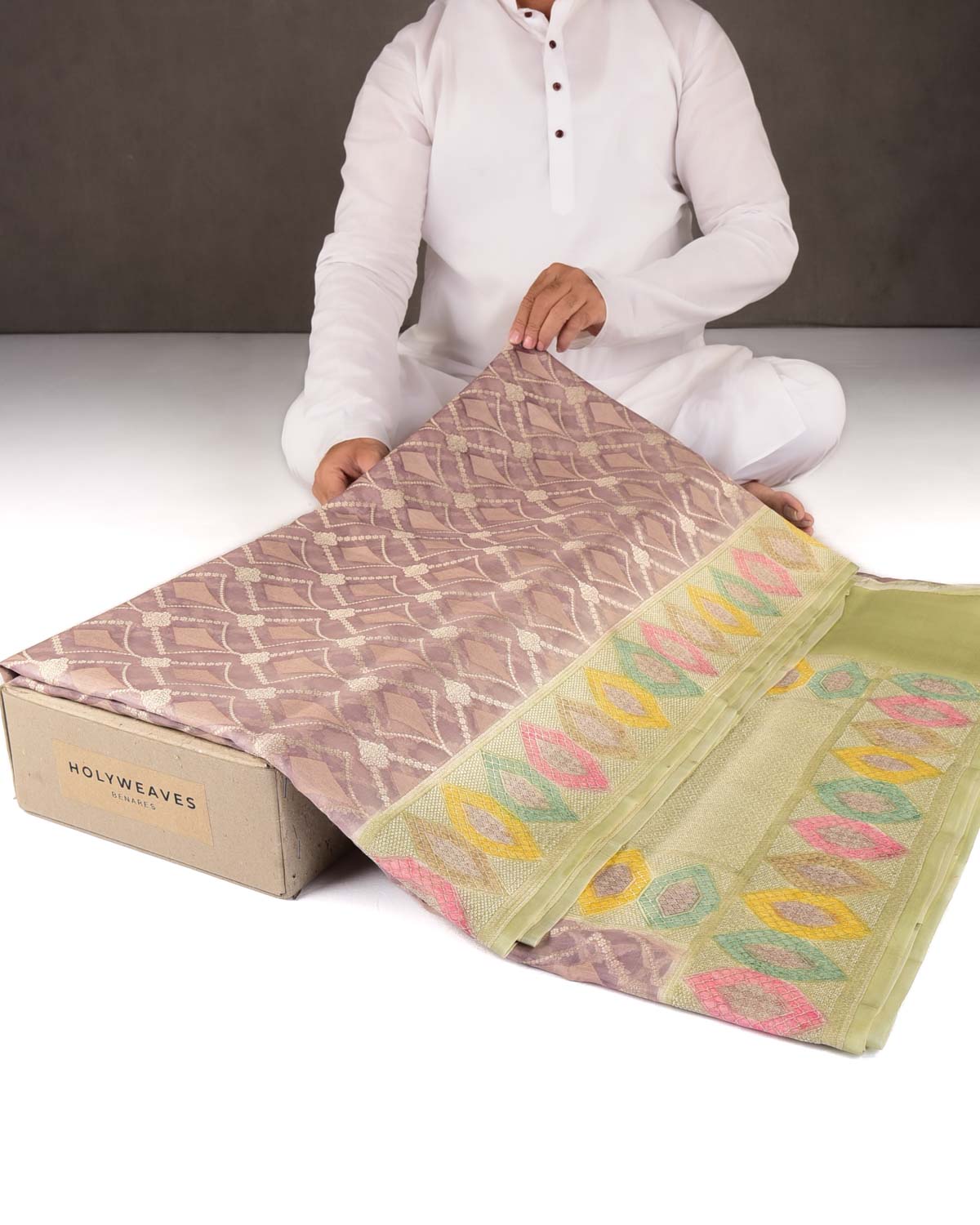 Mauve Gold Zari Jaal Hand Brush Dye Border Cutwork Brocade Woven Kora Silk Banarasi Saree