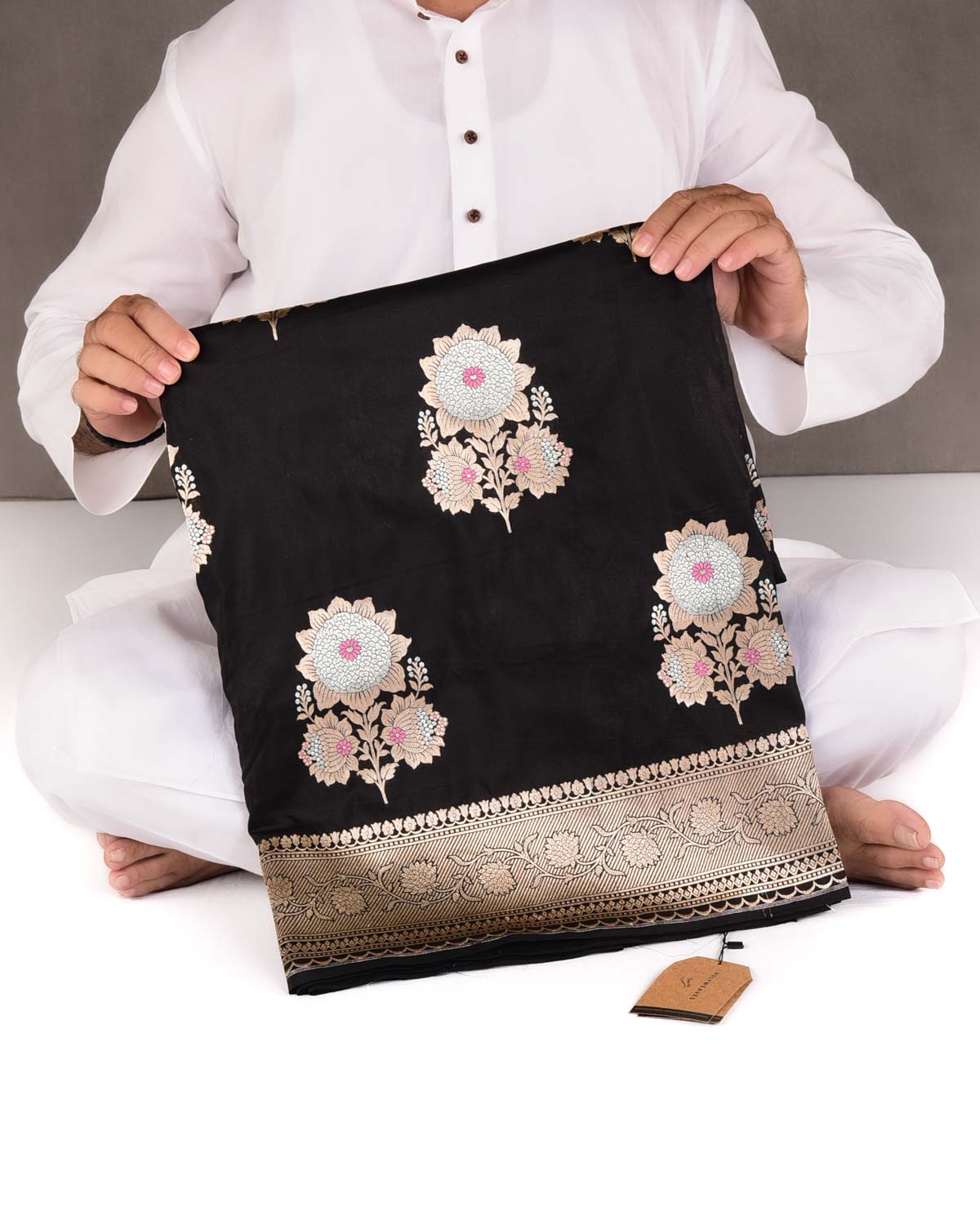 Black Gold & Silver Zari Kamal Buta Cutwork Brocade Handwoven Katan Silk Banarasi Saree-HolyWeaves