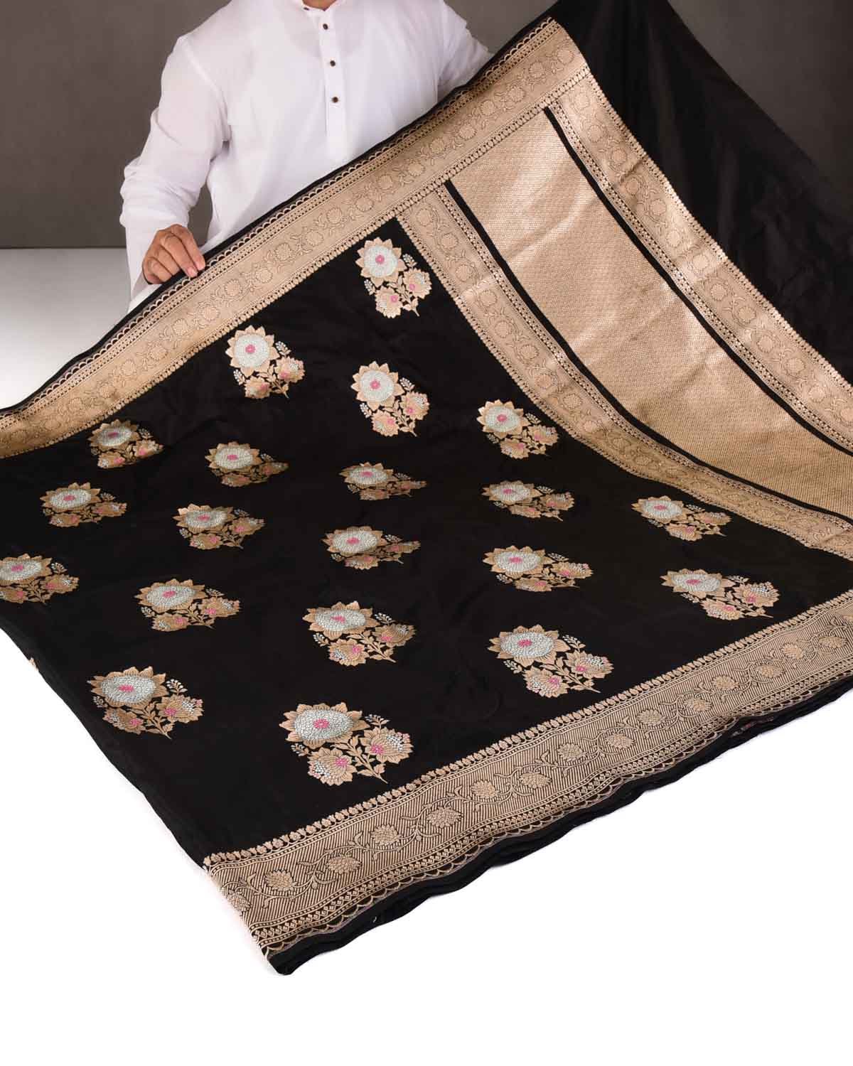 Black Gold & Silver Zari Kamal Buta Cutwork Brocade Handwoven Katan Silk Banarasi Saree-HolyWeaves