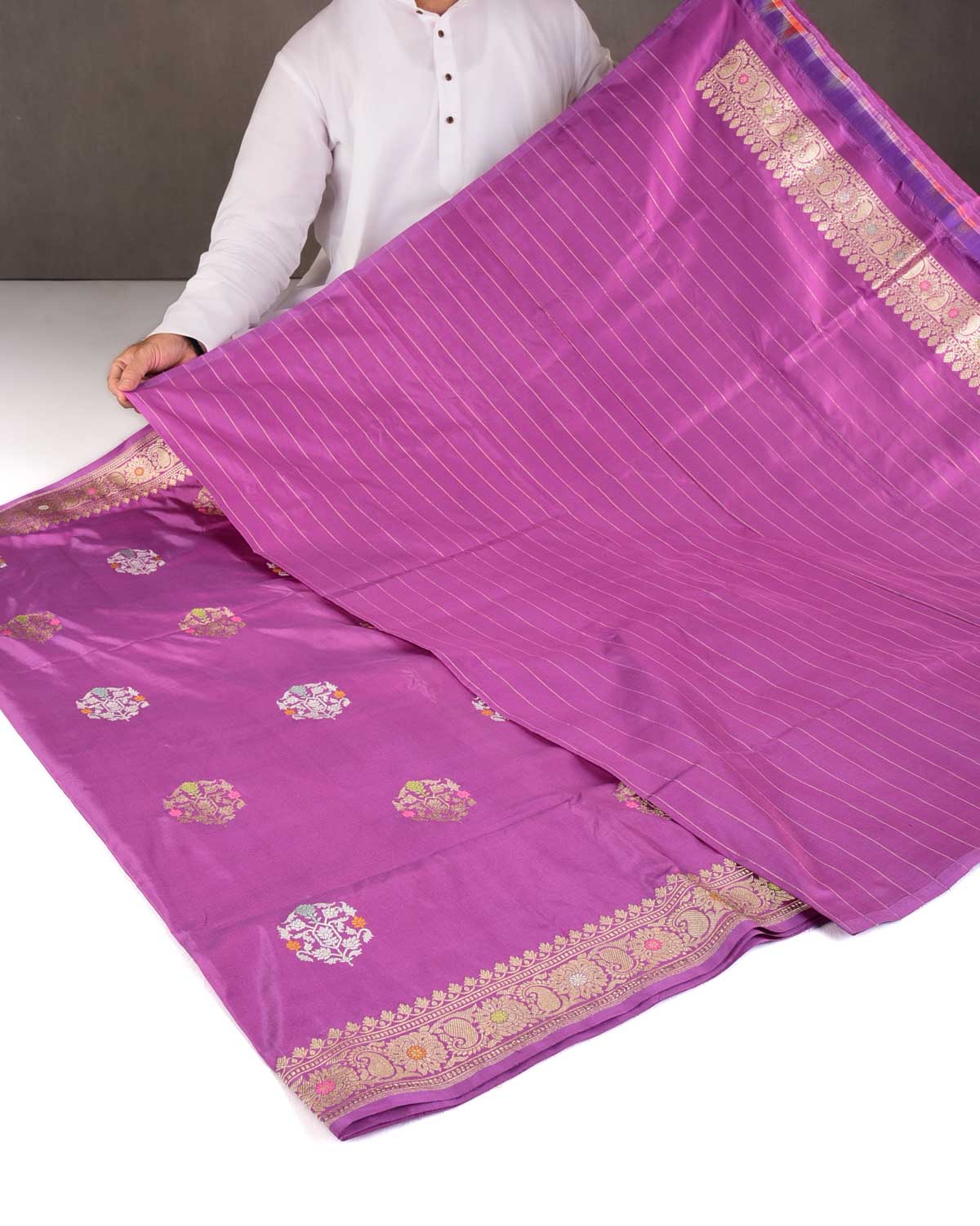 Mauve Gold & Silver Zari & Meenekari Kadhuan Brocade Handwoven Katan Silk Banarasi Saree-HolyWeaves