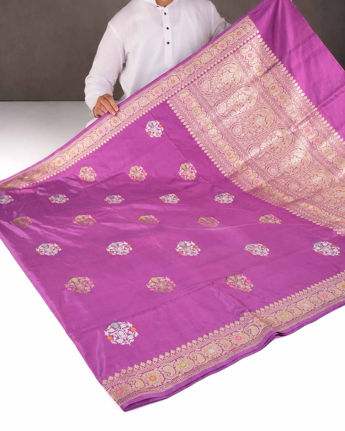 Mauve Gold & Silver Zari & Meenekari Kadhuan Brocade Handwoven Katan Silk Banarasi Saree-HolyWeaves