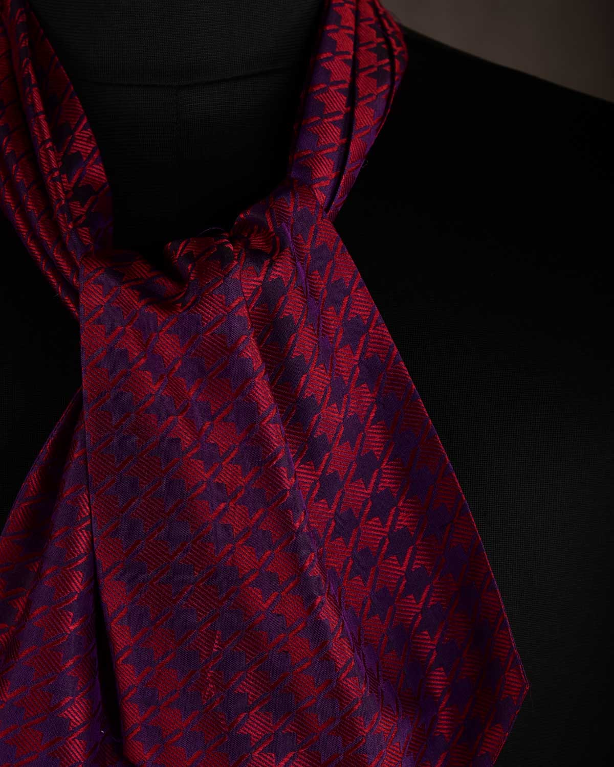 Maroon on Purple Banarasi Houndstooth Tanchoi Handwoven Silk Ascot Tie-HolyWeaves