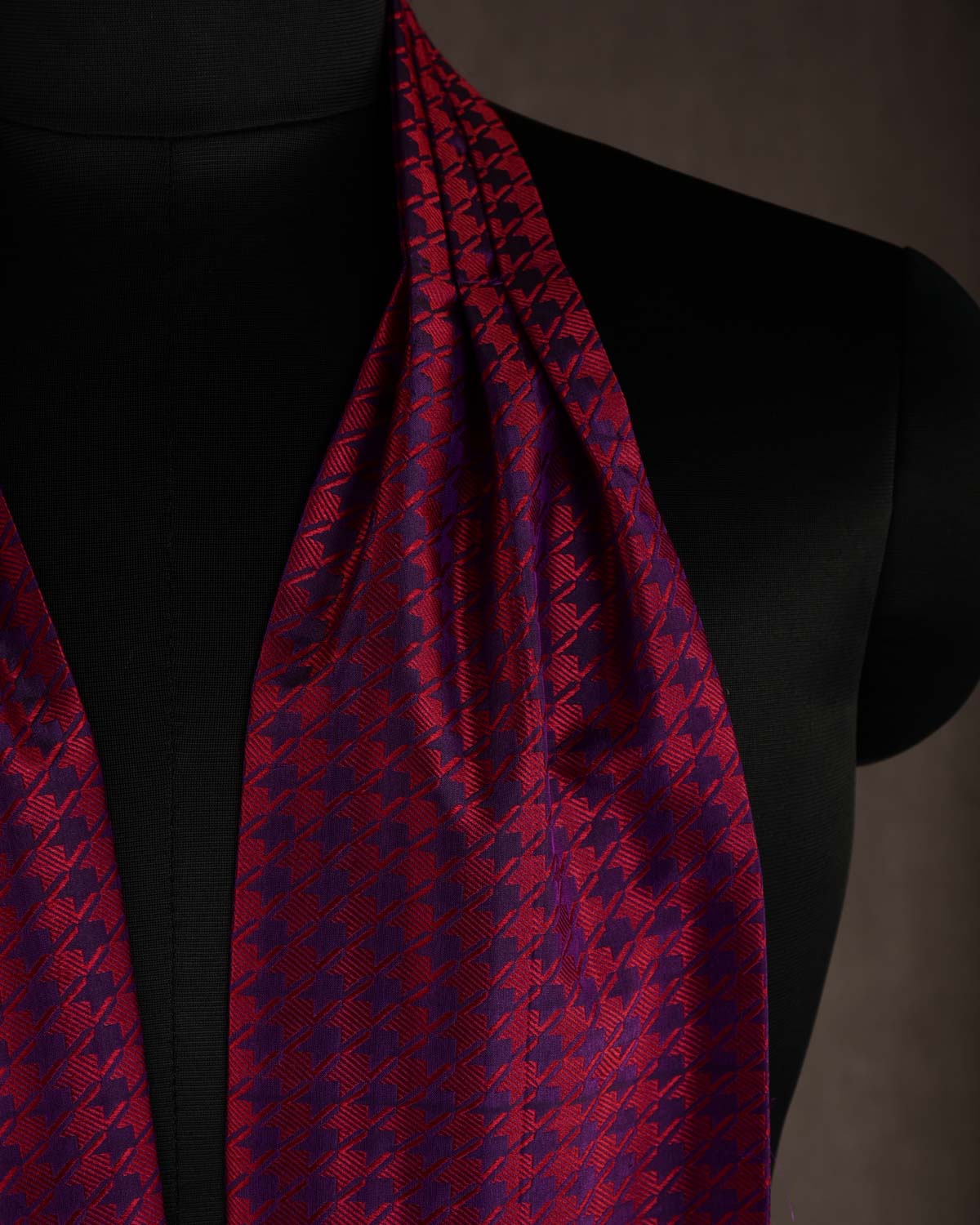 Maroon on Purple Banarasi Houndstooth Tanchoi Handwoven Silk Ascot Tie-HolyWeaves