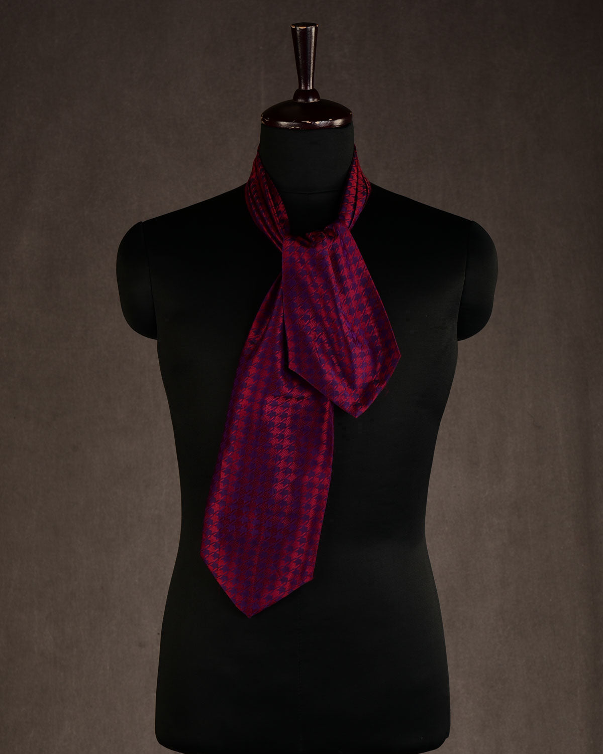 Maroon on Purple Banarasi Houndstooth Tanchoi Handwoven Silk Ascot Tie-HolyWeaves