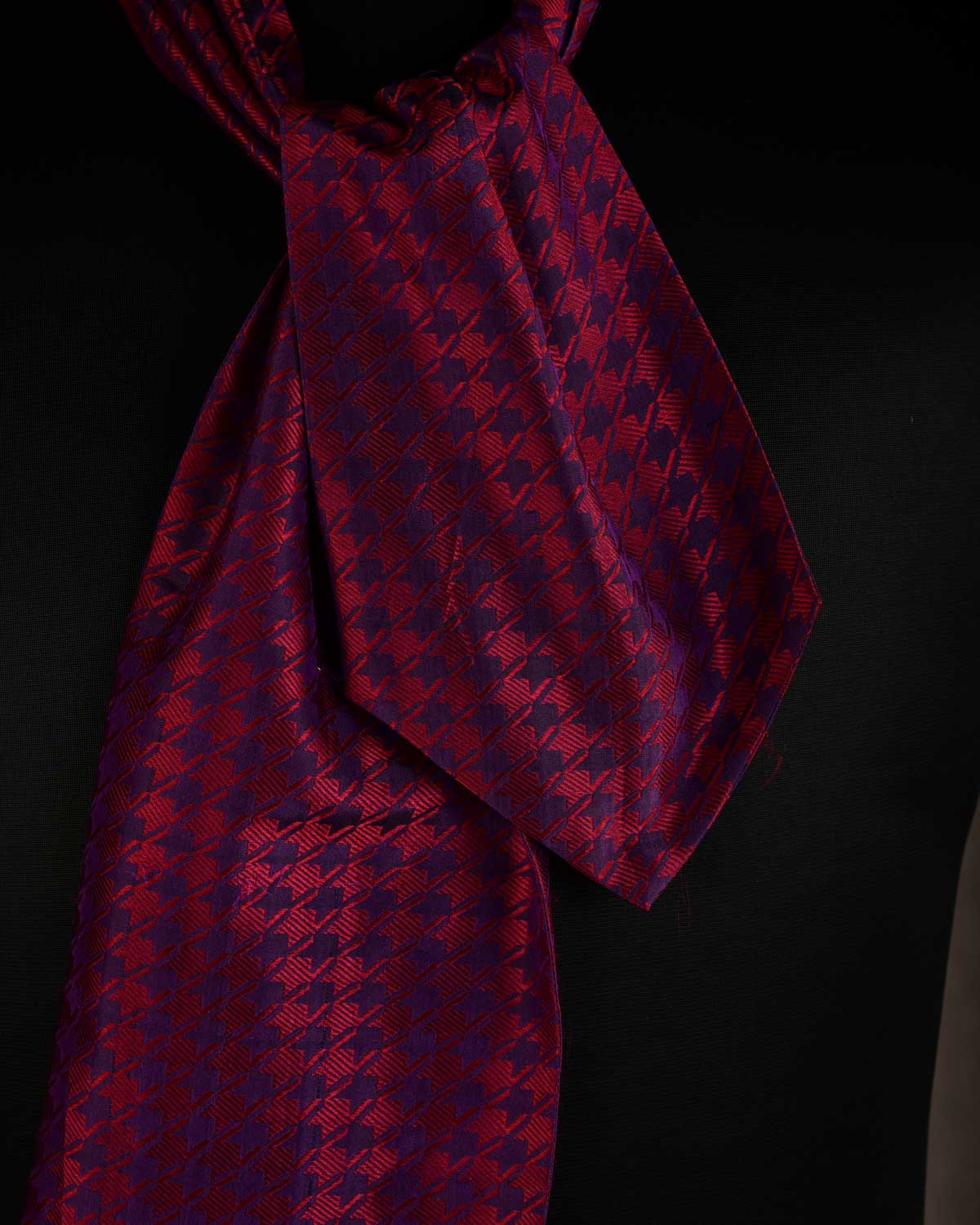 Maroon on Purple Banarasi Houndstooth Tanchoi Handwoven Silk Ascot Tie-HolyWeaves