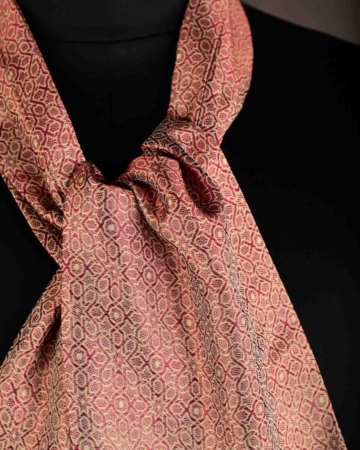 Maroon On Beige Banarasi Mosaic Tanchoi Handwoven Silk Ascot Tie-HolyWeaves