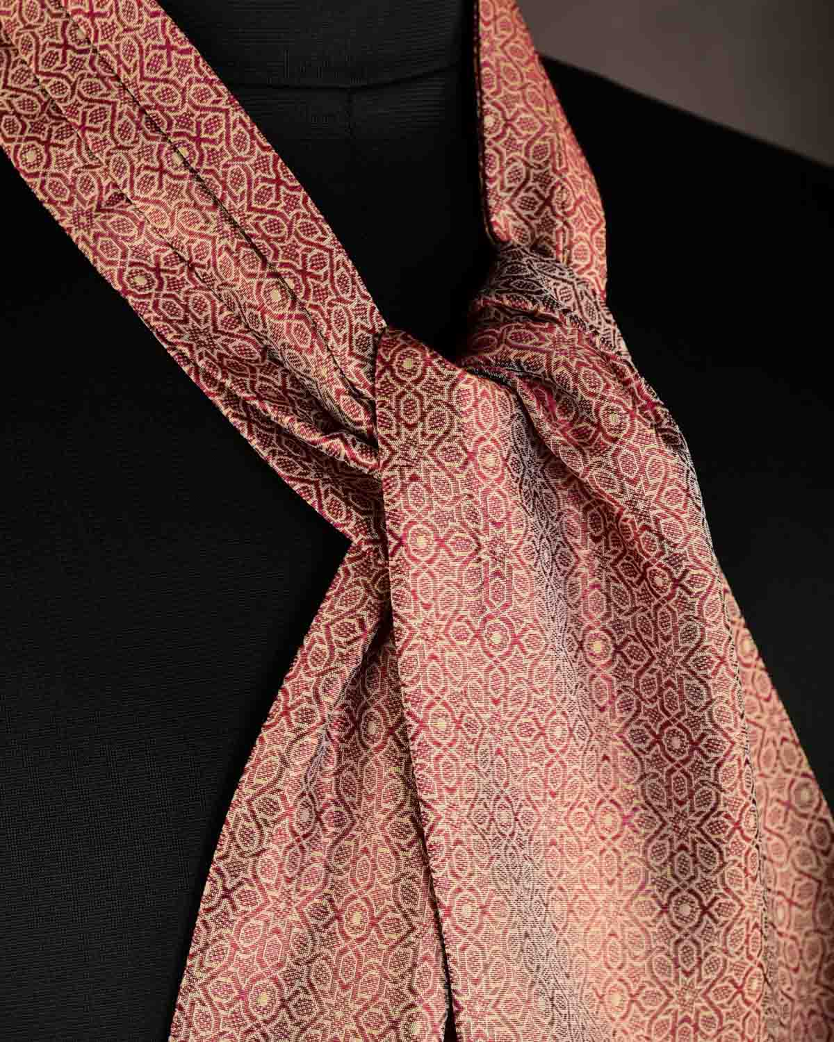 Maroon On Beige Banarasi Mosaic Tanchoi Handwoven Silk Ascot Tie-HolyWeaves