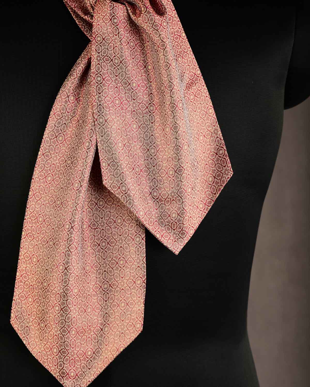 Maroon On Beige Banarasi Mosaic Tanchoi Handwoven Silk Ascot Tie-HolyWeaves