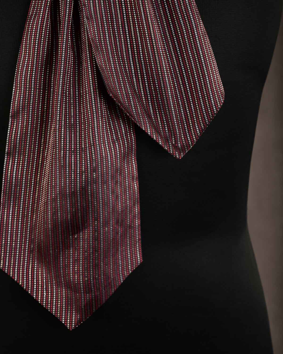Black Red Gold & Silver Dotted Stripes Brocade Handwoven Silk Ascot Tie-HolyWeaves
