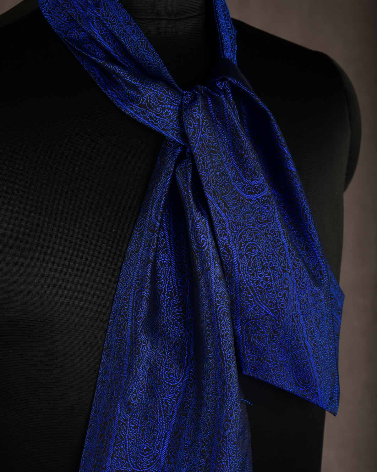 Navy Blue on Black Paisley Tanchoi Handwoven Silk Ascot Tie-HolyWeaves