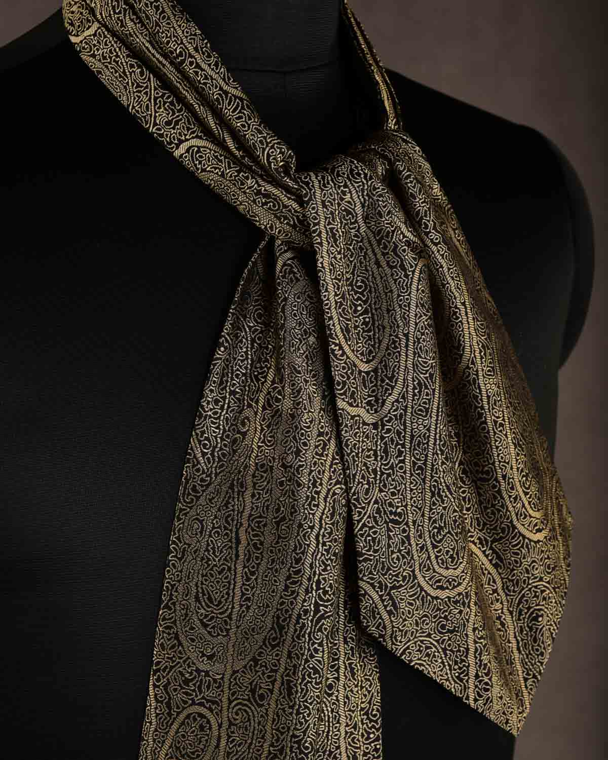 Beige On Black Paisley Tanchoi Handwoven Silk Ascot Tie-HolyWeaves