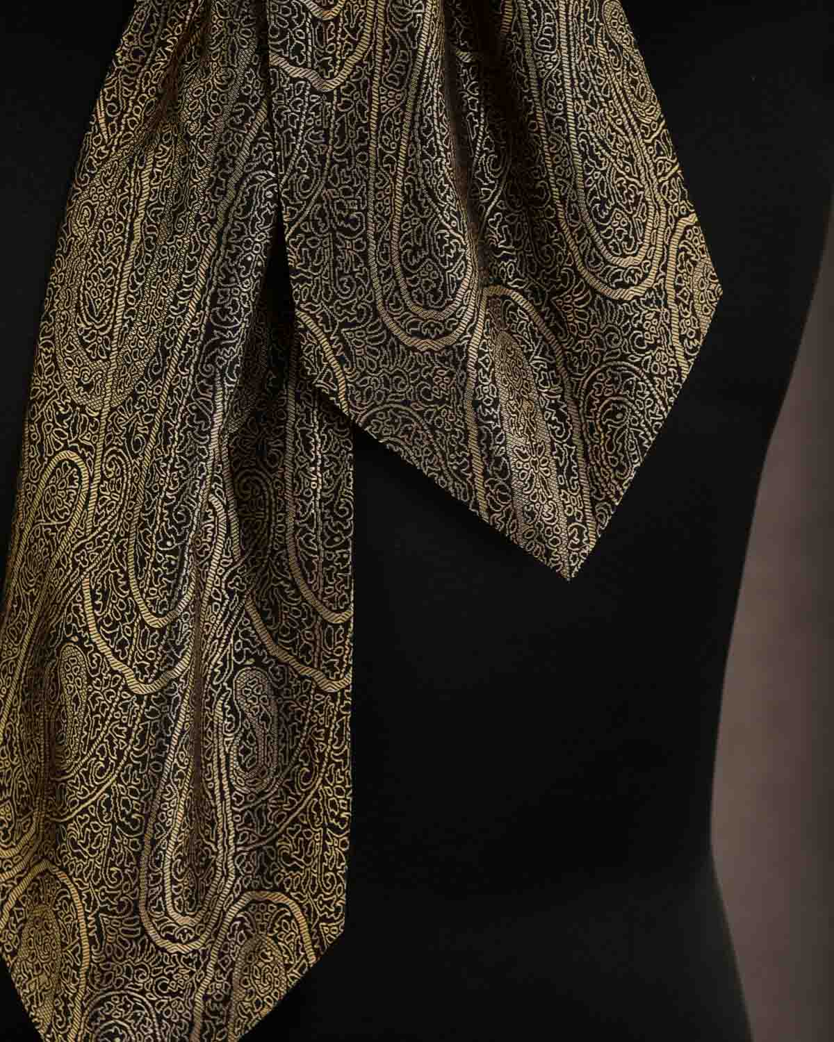 Beige On Black Paisley Tanchoi Handwoven Silk Ascot Tie-HolyWeaves