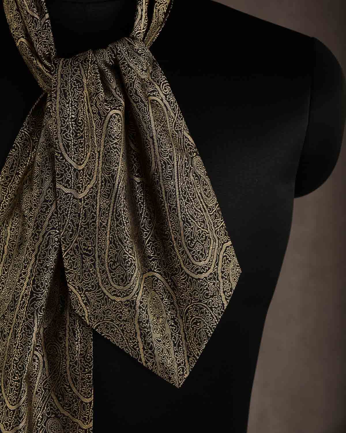 Beige On Black Paisley Tanchoi Handwoven Silk Ascot Tie-HolyWeaves