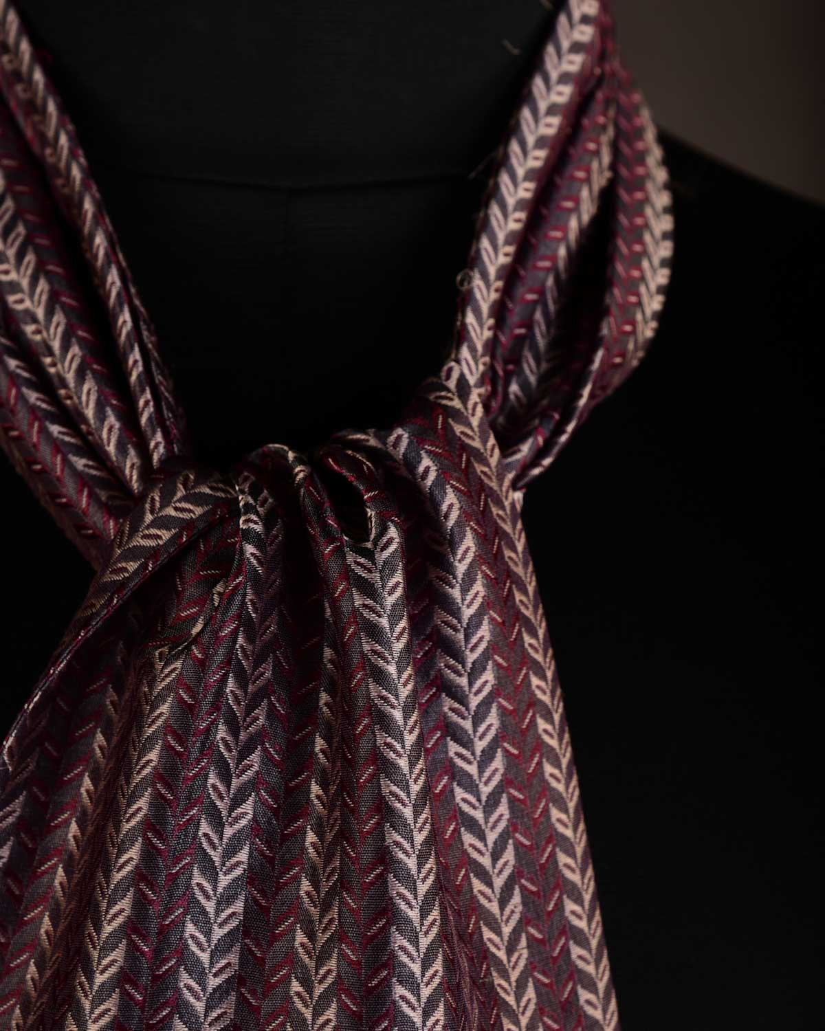 Beige Maroon & Garnet Herrring Bone Brocade Handwoven Silk Ascot Tie-HolyWeaves