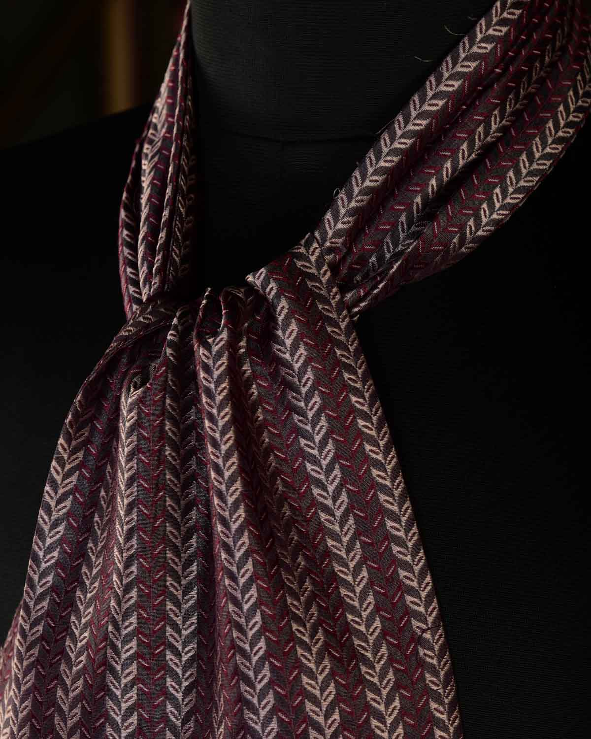 Beige Maroon & Garnet Herrring Bone Brocade Handwoven Silk Ascot Tie-HolyWeaves