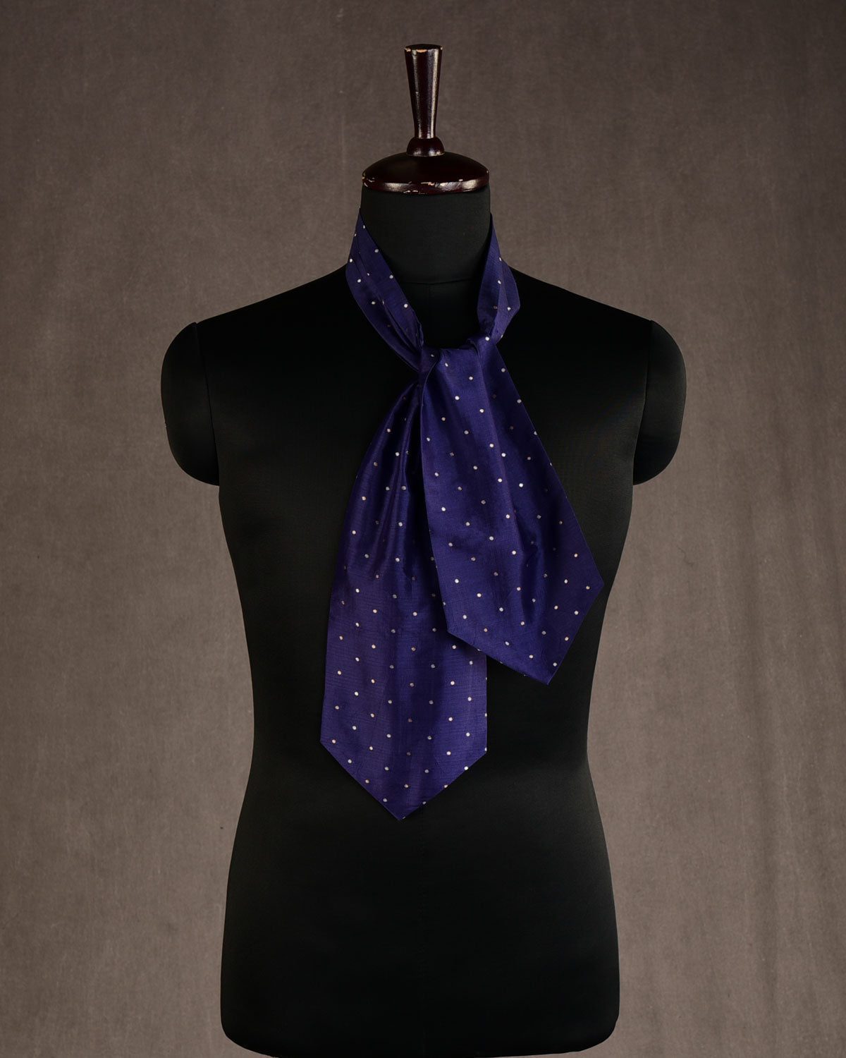 Navy Blue Gold & Silver Zari Polka Dots Brocade Handwoven Silk Ascot Tie-HolyWeaves