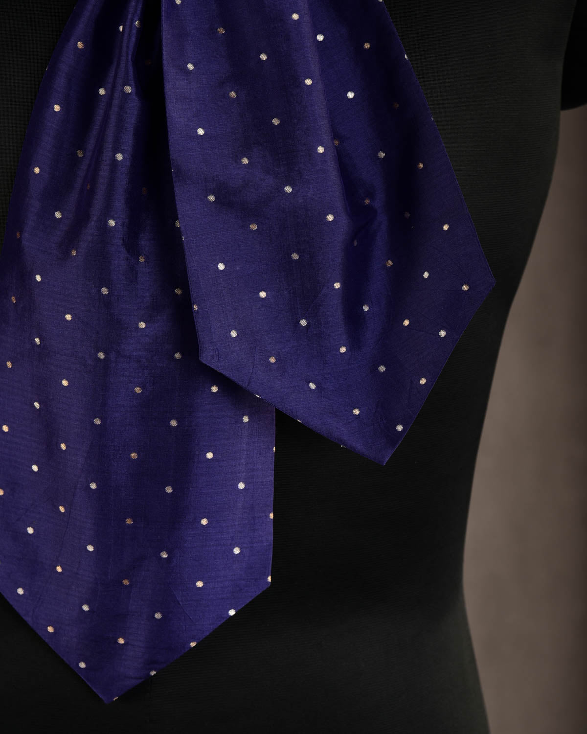 Navy Blue Gold & Silver Zari Polka Dots Brocade Handwoven Silk Ascot Tie-HolyWeaves