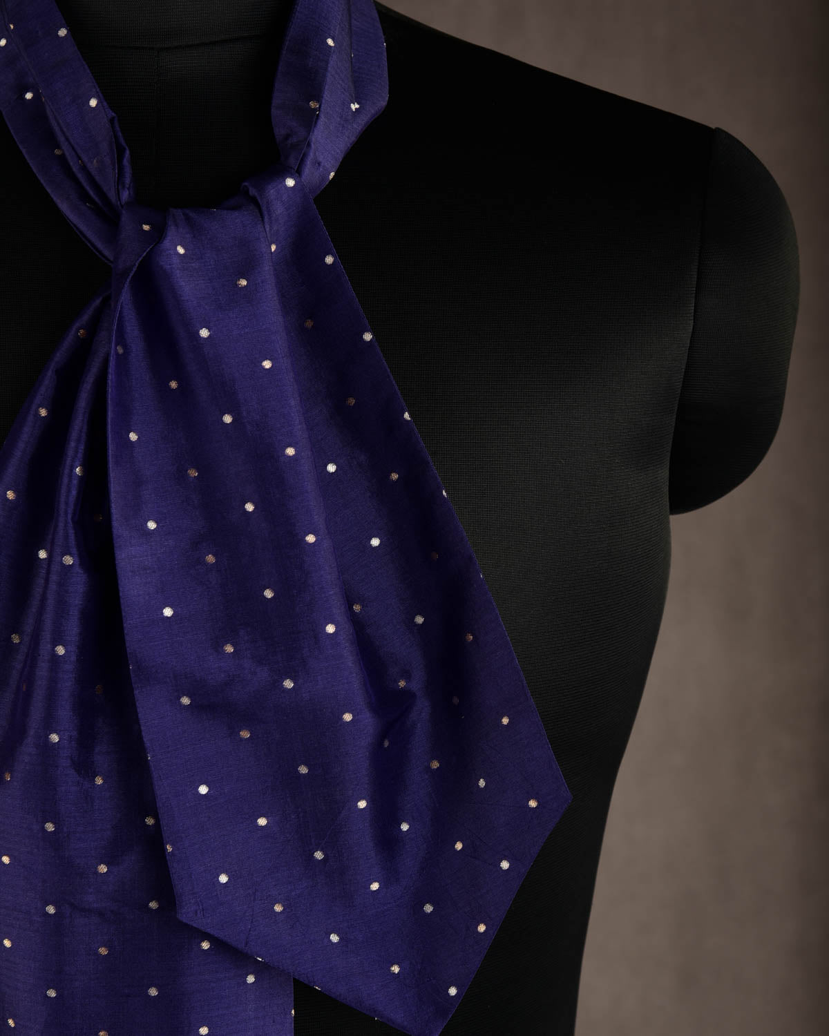 Navy Blue Gold & Silver Zari Polka Dots Brocade Handwoven Silk Ascot Tie-HolyWeaves