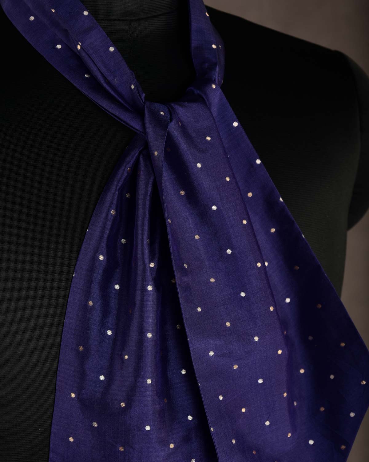Navy Blue Gold & Silver Zari Polka Dots Brocade Handwoven Silk Ascot Tie-HolyWeaves