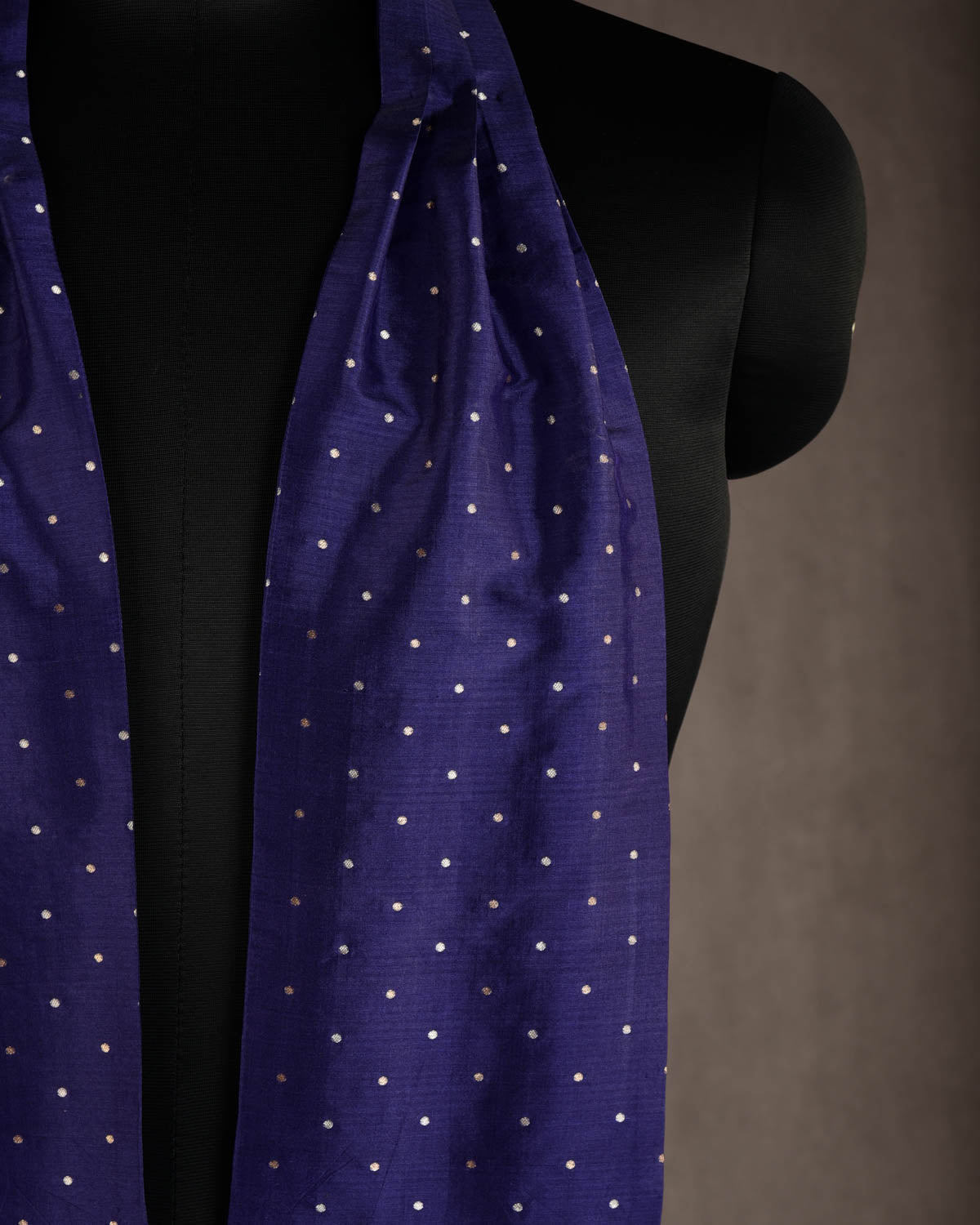 Navy Blue Gold & Silver Zari Polka Dots Brocade Handwoven Silk Ascot Tie-HolyWeaves