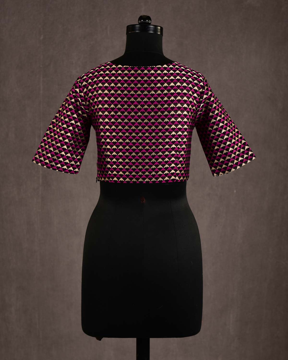 Black Gold & Pink Brocade Princess-Cut Deep-Neck Cotton Silk Blouse-HolyWeaves