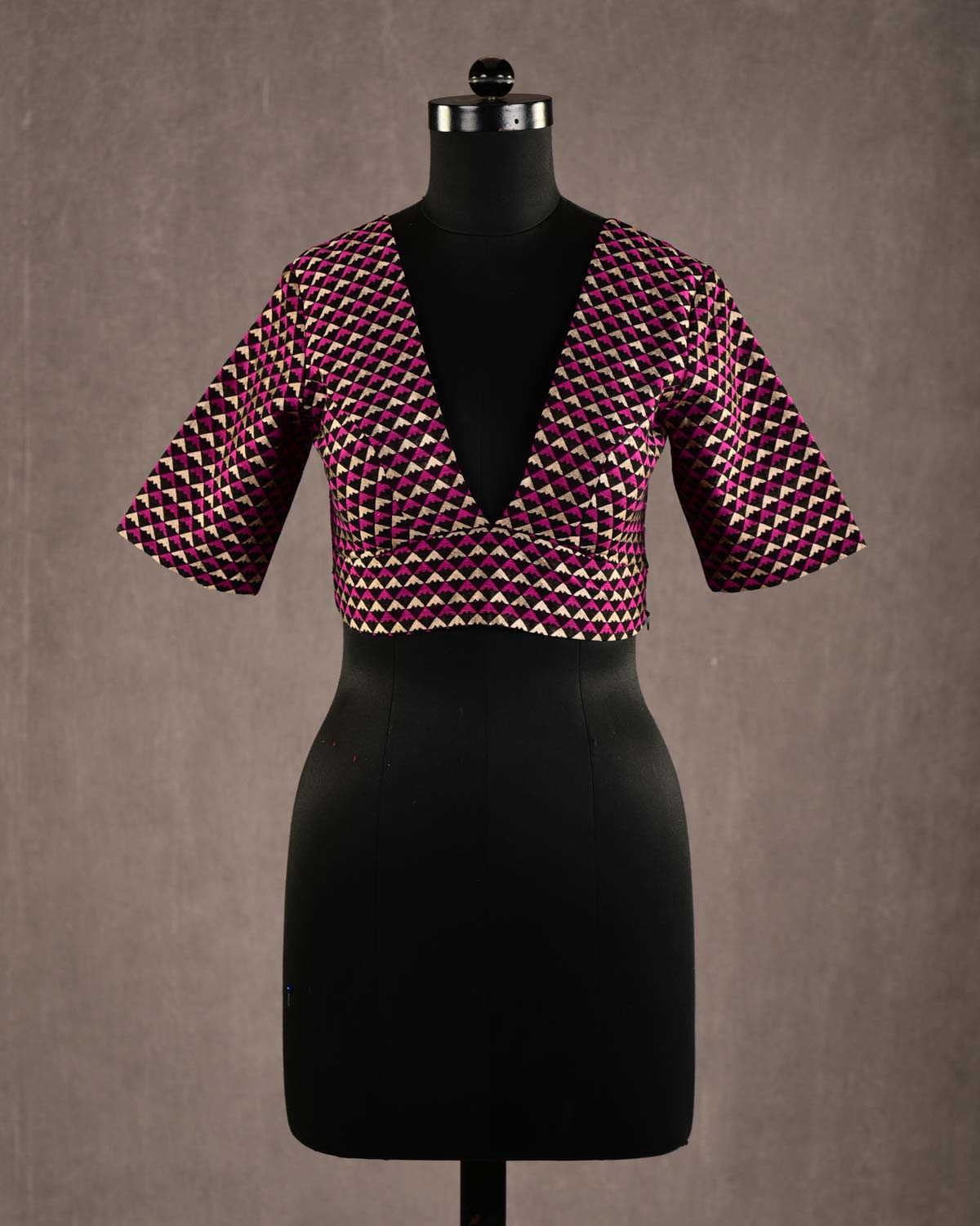 Black Gold & Pink Brocade Princess-Cut Deep-Neck Cotton Silk Blouse-HolyWeaves