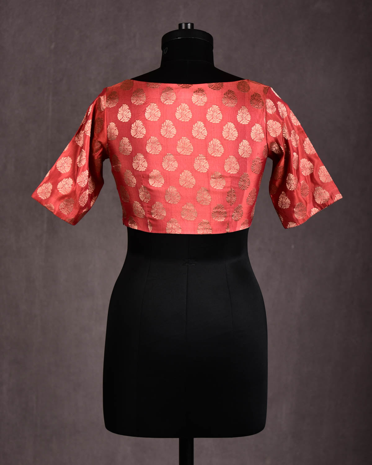 Rust Gold Zari Buti Brocade Princess-Cut Boat-Neck Silk Blouse-HolyWeaves