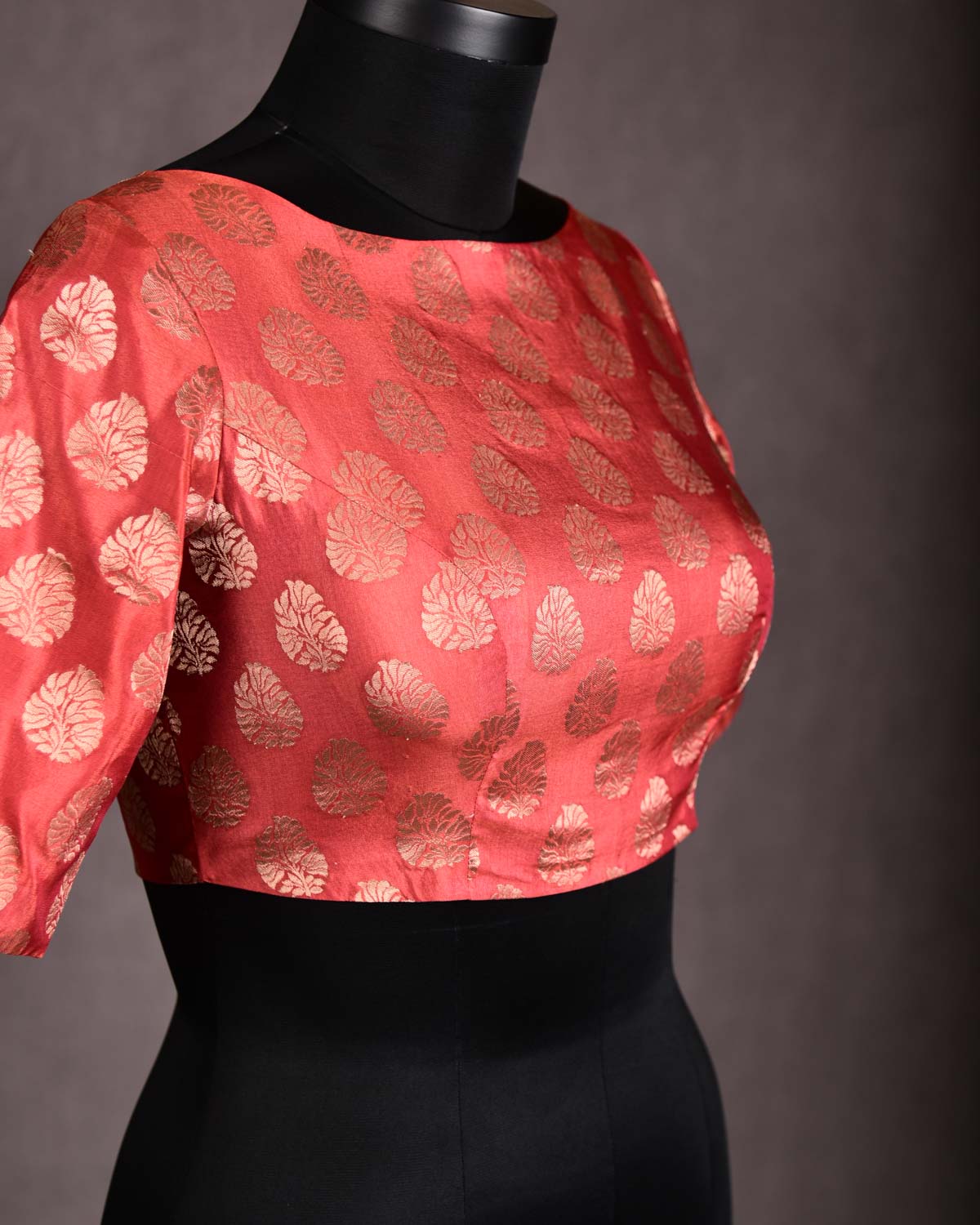 Rust Gold Zari Buti Brocade Princess-Cut Boat-Neck Silk Blouse-HolyWeaves