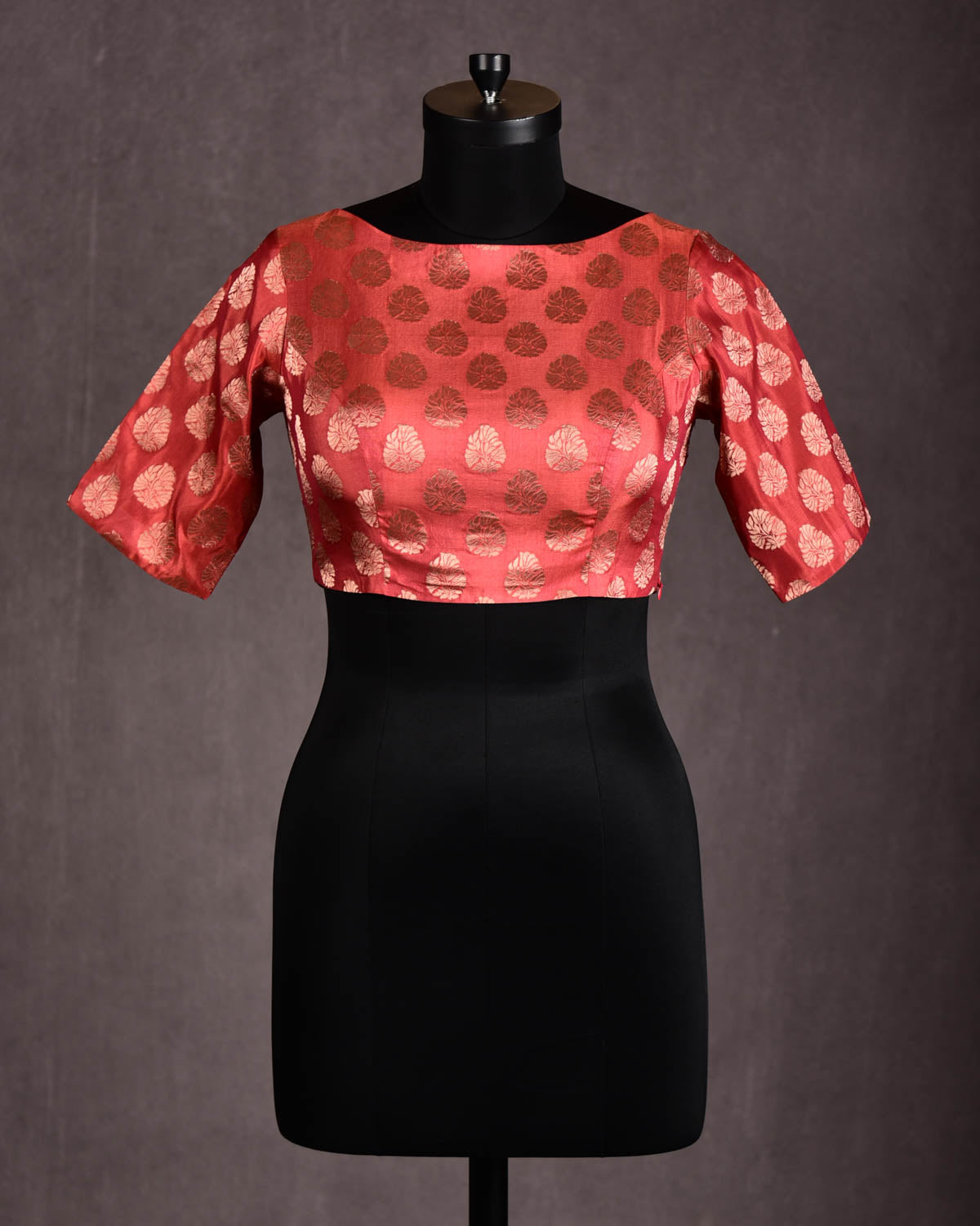 Rust Gold Zari Buti Brocade Princess-Cut Boat-Neck Silk Blouse-HolyWeaves