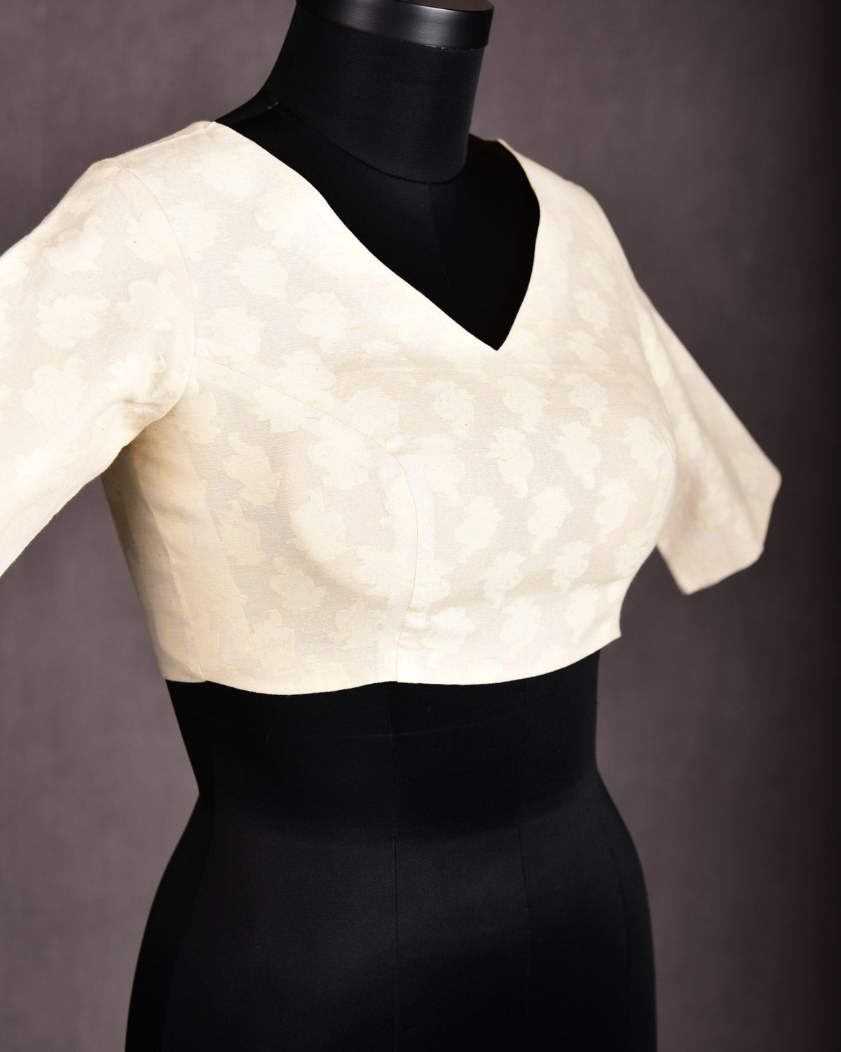 Cream Resham Buti Brocade Princess-Cut V-Neck Cotton Silk Blouse-HolyWeaves