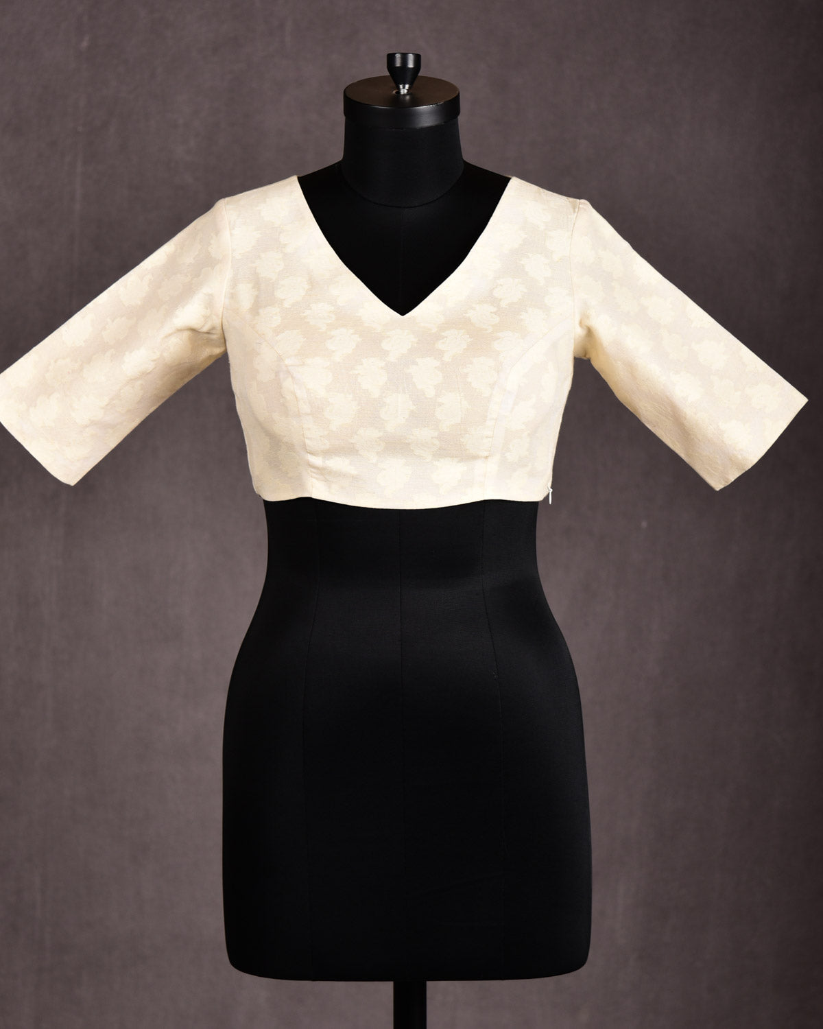 Cream Resham Buti Brocade Princess-Cut V-Neck Cotton Silk Blouse-HolyWeaves