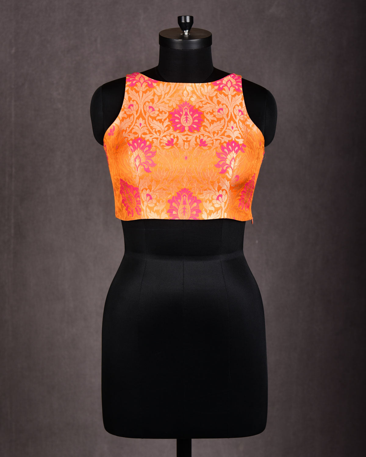 Orange Gold Zari Resham Brocade Princess-Cut Boat-Neck Silk Sleeveless Blouse