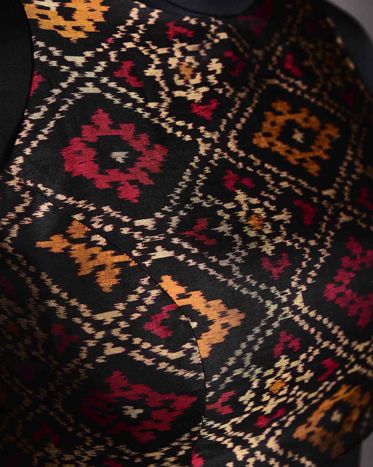 Black Banarasi Ikat Katan Silk Blouse-HolyWeaves