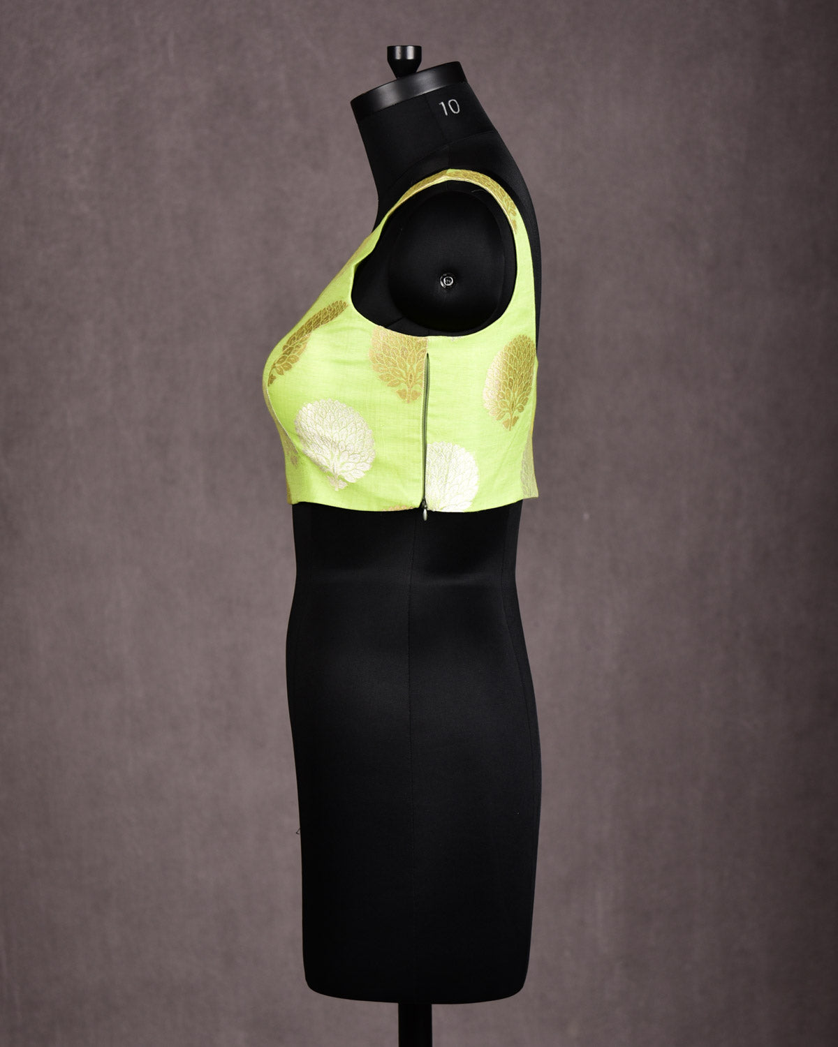 Green Silver Zari Brocade Princess-Cut Square-Neck Cotton Silk Sleeveless Blouse-HolyWeaves