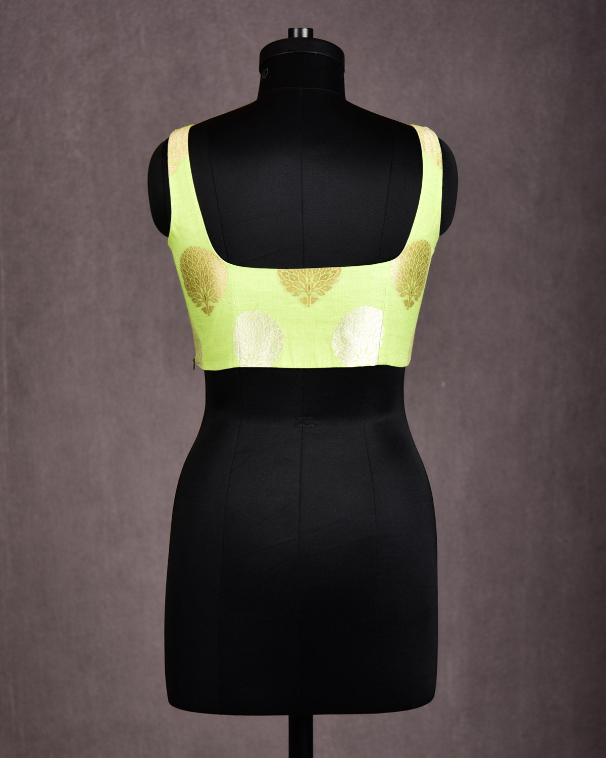 Green Silver Zari Brocade Princess-Cut Square-Neck Cotton Silk Sleeveless Blouse-HolyWeaves