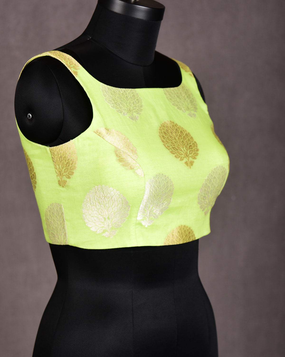 Green Silver Zari Brocade Princess-Cut Square-Neck Cotton Silk Sleeveless Blouse-HolyWeaves