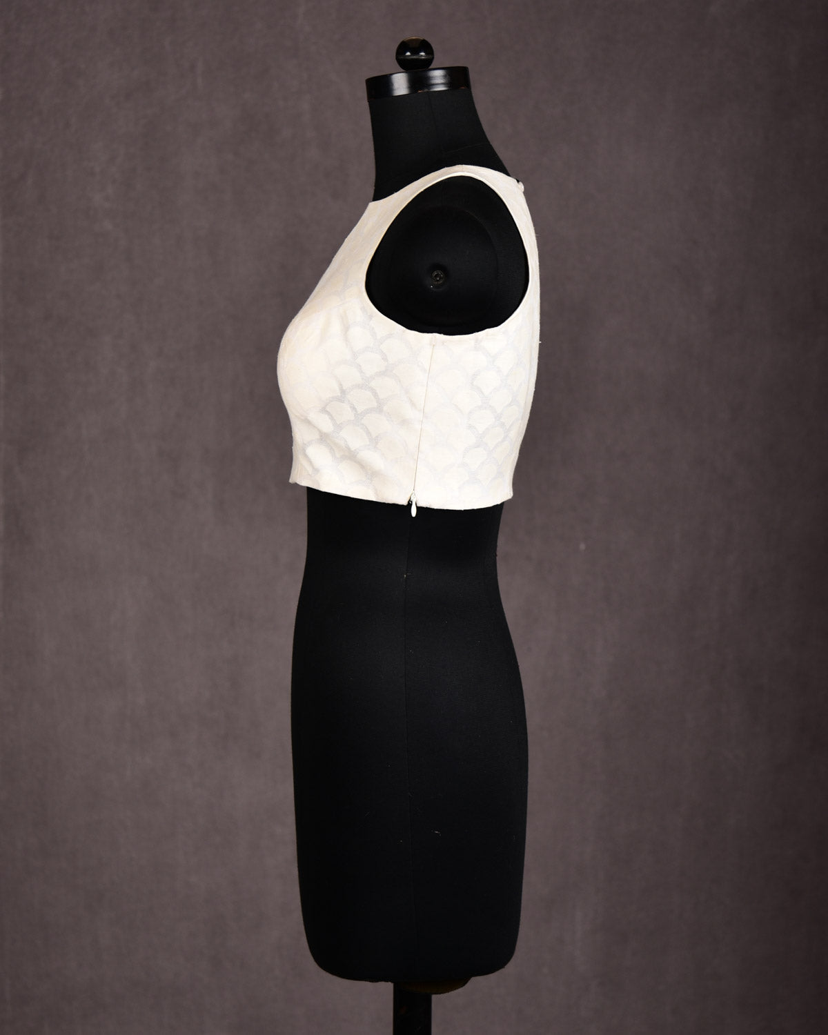 Cream Brocade Handwoven Princess-Cut Boat-Neck Cotton Silk Sleeveless Blouse-HolyWeaves